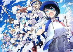  1other 3boys 6+girls alternate_costume animal_ears annotated ars_almal azuchi_momo bad_id bad_twitter_id baseball baseball_bat baseball_cap baseball_jersey baseball_uniform belt black_footwear black_hair blonde_hair blue_eyes blue_legwear blue_skirt box braid brown_hair clothes_writing cloud emma_august english_text facial_hair fox_ears fox_girl fox_tail fumi_(nijisanji) gaon_(nijisanji) glasses green_eyes green_hair gundou_mirei hat highres jersey jikkyou_powerful_pro_yakyuu kanai_608 kanda_shouichi kitakoji_hisui long_hair long_sleeves miyu_ottavia moira_(nijisanji) moustache multicolored_hair multiple_boys multiple_girls nagao_kei necktie nijisanji nijisanji_en nijisanji_id nijisanji_kr official_alternate_costume onomachi_haruka otter_costume pants paper petra_gurin pink_hair pink_necktie ponytail purple_hair red_eyes school_uniform seto_miyako shoes short_hair short_sleeves sister_claire skirt sky socks sorahoshi_kirame sportswear sukoya_kana sunlight sweater tail turtleneck twintails two-tone_hair uniform virtual_youtuber white_hair white_pants yang_nari yugamin_(nijisanji) 