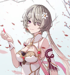  absurdres branch breasts brown_dress brown_hair china_dress chinese_clothes chinese_new_year cleavage dress female flower grin hair_over_one_eye highres honkai_(series) honkai_impact_3rd kabuto_tong long_hair looking_at_viewer petals purple_eyes rita_rossweisse rita_rossweisse_(artemis) smile solo teeth twintails white_flower 