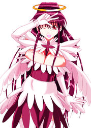  breasts cleavage commentary_request cowboy_shot detached_sleeves dot_nose fake_halo fake_wings fallen_angel_ero_maid_costume female gloves gorigori222 hair_between_eyes halo hand_up kanzaki_kaori large_breasts linea_alba long_hair long_sleeves looking_at_viewer one_eye_closed open_mouth ponytail sidelocks smile solo thighhighs toaru_majutsu_no_index toaru_majutsu_no_index:_old_testament very_long_hair white_background white_gloves white_sleeves white_thighhighs white_wings wings yellow_halo zettai_ryouiki 