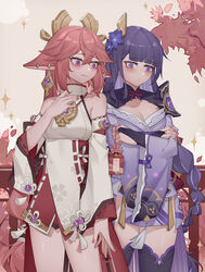  2girls absurdres animal_ears armor bare_shoulders black_thighhighs blunt_bangs braid breasts cleavage cleavage_cutout closed_mouth clothing_cutout commentary crossed_arms detached_sleeves dress earrings feet_out_of_frame floppy_ears flower fox_ears gem genshin_impact hair_between_eyes hair_flower hair_ornament hand_on_own_chest highres holding japanese_clothes jewelry long_hair long_sleeves looking_at_another multiple_girls obi pink_hair purple_dress purple_eyes purple_flower purple_gemstone purple_hair raiden_shogun red_nails red_skirt sash shirt shoulder-to-shoulder shoulder_armor skirt sleeveless sleeveless_shirt sparkle tassel thighhighs turtleneck very_long_hair white_shirt white_sleeves wide_sleeves yae_miko yuk233 