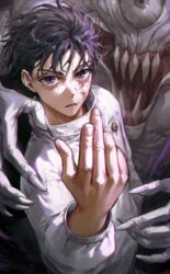  1boy beckoning commentary dirty dirty_face fingernails grey_nails hand_up highres jujutsu_kaisen long_fingernails long_sleeves looking_at_viewer male_focus monster okkotsu_yuuta one-eyed orimoto_rika parted_lips purple_eyes purple_hair sharp_teeth shirt short_hair solo_focus teeth turtleneck upper_body very_long_fingernails white_shirt ye_jji 