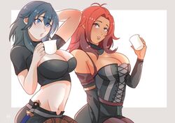  2girls arm_up blue_eyes breasts brown_pantyhose byleth_(female)_(fire_emblem) byleth_(fire_emblem) cleavage cleavage_cutout clothing_cutout crop_top cup dark-skinned_female dark_skin fire_emblem fire_emblem:_three_houses fire_emblem_warriors:_three_hopes floral_print hair_between_eyes hapi_(fire_emblem) highres ihsnet large_breasts lips looking_at_viewer medium_hair midriff multiple_girls navel official_alternate_costume official_alternate_hairstyle pantyhose pantyhose_under_shorts patterned_legwear shorts turtleneck upper_body 