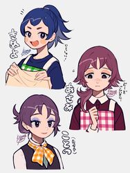  3girls :d animal_crossing apron black_eyes blue_hair blush_stickers brown_hair character_name folded_ponytail freckles grey_background highres humanization kisaragi_yuu_(fallen_sky) label_able_(animal_crossing) long_hair looking_at_viewer mabel_able_(animal_crossing) makeup multiple_girls open_mouth plaid plaid_apron plaid_neckwear ponytail purple_eyes purple_hair sable_able_(animal_crossing) signature simple_background smile upper_body 