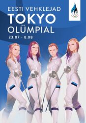  2020_summer_olympics 4girls aiming aiming_at_viewer blonde_hair bodysuit brown_hair earrings erika_kirpu estonian_flag estonian_text fencing fencing_suit hair_bun highres holding holding_sword holding_weapon irina_embrich jewelry julia_beljajeva katrina_lehis long_hair medium_hair monq multiple_girls olympics real_life single_hair_bun sportswear sword weapon white_bodysuit 