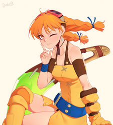  aika_(eternal_arcadia) belt boomerang braid breasts darahan dress earrings english_commentary eternal_arcadia female flight_goggles gloves goggles jewelry long_hair medium_breasts necklace one_eye_closed open_mouth orange_hair single_glove smile solo twin_braids weapon yellow_dress 