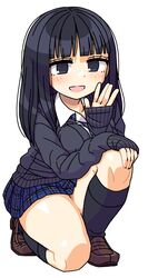  black_eyes black_hair black_socks cardigan female highres loafers long_hair maruput necktie on_one_knee original plaid plaid_skirt pleated_skirt school_uniform shoes skirt sleeves_past_wrists socks solo white_background 