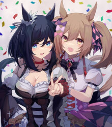  2girls :d animal_ears black_bow black_bowtie black_hair blouse blue_eyes bob_cut bow bowtie breasts brown_eyes brown_hair choker cleavage coffee1223 commentary_request confetti detached_sleeves dirndl eishin_flash_(umamusume) german_clothes hair_between_eyes hairbow highres horse_ears horse_girl horse_tail large_breasts looking_at_viewer multiple_girls puffy_short_sleeves puffy_sleeves red_choker scrunchie shirt short_hair short_sleeves smart_falcon_(umamusume) smile tail twintails umamusume v white_scrunchie white_shirt 