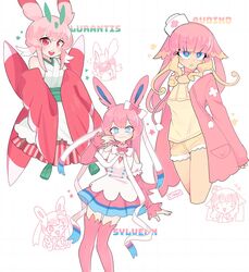  3girls audino blonde_hair blue_eyes blunt_bangs blush bright_pupils character_name ciosuii closed_mouth heart heart-shaped_pupils highres long_hair looking_at_viewer looking_down lurantis multicolored_hair multiple_girls open_mouth parted_lips personification pink_eyes pink_hair pink_legwear pokemon short_hair shorts smile sylveon symbol-shaped_pupils teeth thighhighs upper_teeth_only white_pupils 