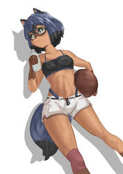  2020 absurd_res anthro ball basketball_(ball) blue_body blue_eyes blue_fur blue_hair bottle bottomwear brand_new_animal breasts brown_body brown_fur canid canine clothed clothing container cy9 female fingers fluffy fluffy_tail fur hair hi_res holding_object mammal michiru_kagemori multicolored_body multicolored_eyes multicolored_fur multicolored_hair navel pink_eyes portrait raccoon_dog shadow short_hair simple_background solo studio_trigger tail tanuki three-quarter_portrait topwear water_bottle white_background 