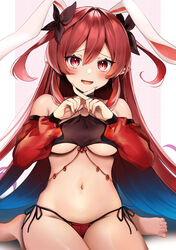  animal_ears blue_hair blush breasts commentary_request commission female fingernails highres long_hair looking_at_viewer medium_breasts multicolored_hair navel original parted_lips partial_commentary pointy_ears rabbit_ears red_eyes red_hair sharp_fingernails sitting skeb_commission smile solo underboob very_long_hair wariza working_slave_(character) yunamaro 