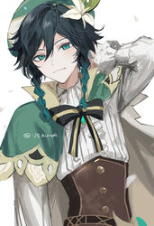  1boy androgynous aqua_eyes aqua_hair arm_behind_head bad_id bad_twitter_id beret bishounen black_hair bow braid cape collared_cape flower frilled_sleeves frills genshin_impact gradient_hair green_cape green_hat hand_up hat hat_flower juliet_sleeves long_sleeves looking_at_viewer male_focus multicolored_hair puffy_sleeves shirt short_hair_with_long_locks side_braids signature simple_background solo twin_braids twitter_username ueauwa venti_(genshin_impact) white_background white_flower white_shirt 