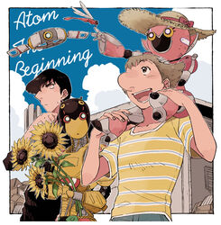  2boys a106 a107 atom:_the_beginning big_nose black_eyes black_hair blue_sky brown_eyes brown_hair bug carrying cloud copyright_name day dragonfly flower highres holding holding_flower iyo_(kurumiwarin) looking_at_another male_focus multiple_boys ochanomizu_hiroshi outdoors piggyback robot shirt sky standing striped_clothes striped_shirt sunflower t-shirt tenma_umatarou upper_body yellow_shirt 