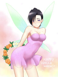  bare_shoulders black_hair blue_eyes blush breasts cowboy_shot dress fairy female flower flower_wreath gundam gundam_wing highres holding itou_katsumi looking_at_viewer lucrezia_noin medium_breasts pink_dress short_hair simple_background solo white_background wings 