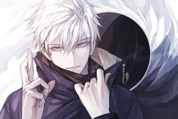  1boy bebseo black_jacket blindfold blindfold_down blue_eyes closed_mouth crossed_fingers eyes_visible_through_hair gojou_satoru hair_between_eyes hands_up high_collar highres jacket jujutsu_kaisen light_smile long_sleeves looking_at_viewer male_focus short_hair solo tsurime twitter_username upper_body white_background white_hair 