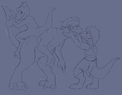  anthro bottomwear clothing digitigrade dinosaur dromaeosaurid extinct eyewear glasses group hi_res human kyrio kyrio_the_raptor_(kyrio) male mammal nude prehistoric_species reptile riding scalie shirt shorts sitting snout standing tail theropod thick_tail topwear transformation 