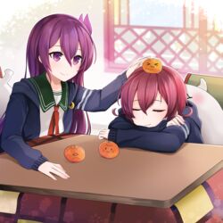  2girls :3 absurdres abyssal_ship closed_eyes crescent crescent_pin enemy_lifebuoy_(kancolle) fingernails food food_on_head fruit fruit_on_head gradient_hair green_sailor_collar hair_between_eyes hair_ornament highres kantai_collection kisaragi_(kancolle) kisaragi_kai_ni_(kancolle) kotatsu long_hair long_sleeves multicolored_hair multiple_girls mutsuki_(kancolle) mutsuki_kai_ni_(kancolle) object_on_head orange_(fruit) purple_eyes purple_hair red_hair sailor_collar school_uniform serafuku short_hair sitting smile table window yunamaro 