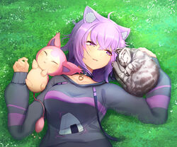  ahoge animal animal_ear_fluff animal_ears black_choker black_hoodie breasts cat_ears choker closed_eyes collarbone commentary crossover day eyelashes feline female grass hair_between_eyes highres holding holding_animal holding_cat hololive hood hoodie long_sleeves lying medium_breasts nekomata_okayu nekomata_okayu_(1st_costume) oerba_yun_fang on_back onigiri_print outdoors parted_lips photoshop_(medium) pokemon pokemon_(creature) purple_eyes purple_hair short_hair skitty sleeping sleeves_past_wrists smile temari_(nekomata_okayu) tsumumi_(ozakiyo) upper_body virtual_youtuber 