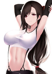  absurdres an_yasuri arm_warmers armpits arms_up bare_shoulders black_hair breasts crop_top female final_fantasy final_fantasy_vii highres large_breasts long_hair looking_at_viewer low-tied_long_hair midriff navel red_eyes shirt simple_background sleeveless sleeveless_shirt smile solo stomach stretch suspenders taut_clothes taut_shirt tifa_lockhart upper_body very_long_hair white_background white_shirt 