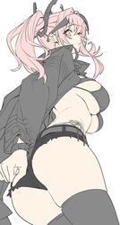  absurdres ass azur_lane belt bikini black_shorts breasts bremerton_(azur_lane) commentary_request ear_piercing eyewear_on_head female flat_color from_below grey_belt hair_between_eyes highres jacket large_breasts long_hair looking_down open_clothes open_jacket piercing pink_hair short_shorts shorts sideboob sidelocks solo swimsuit tarou2 thighhighs thighs twintails underboob 