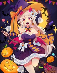  artist_name black_dress blonde_hair blush breasts bright_pupils broom ciosuii cleavage diamond-shaped_pupils diamond_(shape) dress fangs female halloween highres holding holding_broom jack-o&#039;-lantern large_breasts long_hair open_mouth original red_eyes smile solo symbol-shaped_pupils teeth white_pupils 