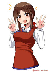  blush breasts brown_eyes brown_hair collared_shirt double_v dress dress_shirt female hair_ribbon hands_up holly_(monster_farm) long_hair long_sleeves looking_at_viewer monster_farm open_mouth parted_bangs ponytail red_ribbon ribbon shirt sidelocks simple_background sleeveless sleeveless_dress smile solo suzuna_(najaran) upper_body v white_background white_shirt 