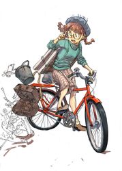  absurdres adjusting_eyewear beret bicycle blue_hat braid brown_eyes brown_hair bucket canvas_(object) female full_body glasses green_sweater hand_up hat highres kariya_(kry_aia) long_hair open_mouth original paint_roller paint_tube paintbrush partially_colored pink_skirt riding riding_bicycle simple_background skirt solo spilling sweater twin_braids twintails white_background 