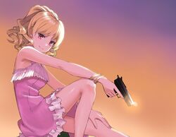  backlighting bare_arms bare_legs bare_shoulders blonde_hair bracelet breasts brown_eyes closed_mouth commentary_request dress feet_out_of_frame female frilled_dress frills gokusai_kaibi gradient_background gun hand_on_own_knee handgun highres holding holding_gun holding_weapon jewelry legs looking_at_viewer medium_hair orange_background pink_dress ponytail purple_background sitting sleeveless sleeveless_dress smile solo thighs toajoa toaru_majutsu_no_index toaru_majutsu_no_index:_imaginary_fest trigger_discipline two-tone_background wavy_hair weapon 