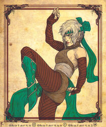  arm_up artist_name ass bare_shoulders boots breasts brown_background brown_shorts character_request elbow_gloves female gloves green_footwear green_hairband grey_hair hairband highres knee_boots koiarts large_breasts league_of_legends leg_up legends_of_runeterra pantyhose red_gloves red_pantyhose short_hair shorts solo 