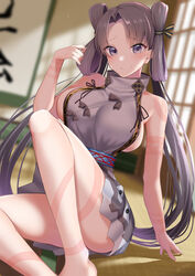  backless_dress backless_outfit bare_shoulders blush body_markings breasts brown_hair dress fate/grand_order fate_(series) female grey_dress grey_eyes highres iyo_(fate) kitajima_yuuki large_breasts long_hair looking_at_viewer parted_bangs sash sideboob smile solo tatami thighs twintails very_long_hair 