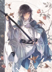  1boy bed_sheet bird black_hair blue_eyes branch bridal_gauntlets camellia eurasian_tree_sparrow floral_background flower haori headband highres holding holding_sheath holding_sword holding_weapon japanese_clothes katana kimono leaf male_focus photoshop_(medium) red_flower scarf sheath sheathed shinsengumi smile solo sparrow suzuneko-rin sword touken_ranbu weapon white_scarf yamato-no-kami_yasusada yamato-no-kami_yasusada_(kiwame) 