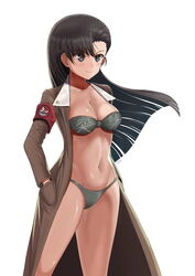  absurdres armband artist_name black_bra black_eyes black_hair black_nails black_panties blunt_ends bra breasts brown_coat chi-hatan_(emblem) cleavage closed_mouth coat commentary_request emblem female girls_und_panzer highres insignia korean_commentary long_hair looking_to_the_side medium_hair navel nishi_kinuyo open_clothes open_coat panties signature simple_background skindentation smile solo standing star_(symbol) straight_hair translated underwear white_background wind ydg_(eorbsaos1004) 