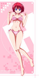  :d barefoot bikini blue_eyes breasts copyright_name female front-tie_bikini_top front-tie_top full_body halterneck highres hinomoto_hikari kikuchi_tsutomu looking_at_viewer medium_breasts mole mole_under_eye navel open_mouth pink_bikini red_hair short_hair side-tie_bikini_bottom smile solo standing standing_on_one_leg swimsuit thigh_gap tokimeki_memorial tokimeki_memorial_2 w_arms 