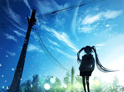  backlighting bad_id bad_pixiv_id blue_sky blurry bokeh commentary depth_of_field expressionless female hands_in_pockets hatsune_miku highres jacket karanagare long_hair looking_at_viewer miniskirt outdoors plant power_lines scenery skirt sky solo standing twintails very_long_hair vocaloid wire 