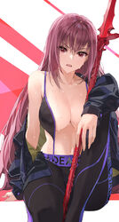  bare_shoulders bikini black_bikini black_jacket black_pants breasts cleavage fate/grand_order fate_(series) female gae_bolg_(fate) hair_between_eyes highres jacket large_breasts long_hair long_sleeves looking_at_viewer navel off_shoulder open_clothes open_jacket open_mouth pants polearm purple_hair red_eyes scathach_(fate) sitting solo spear sweat swimsuit thighs weapon wet yahako 