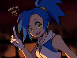  blue_hair ciosuii commentary english_commentary english_text female genderswap_(mtf) gloves green_eyes highres humanization index_finger_raised looking_at_viewer rule_63 short_hair short_ponytail snapcube solo sonic_(series) sonic_the_hedgehog sonic_the_hedgehog_(2006) teeth upper_body white_gloves 