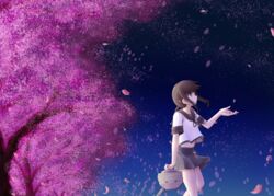  black_sailor_collar brown_hair cherry_blossoms female from_side fubuki_(kancolle) fubuki_kai_ni_(kancolle) holding kantai_collection low_ponytail meihemu night outdoors petals ponytail profile sailor_collar school_uniform serafuku short_sleeves sidelocks skirt smile solo tree 