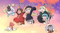  &gt;_&lt; +_+ 2boys 4girls :3 :d abigail_williams_(fate) animal arjuna_(fate) arjuna_alter_(fate) arms_up asha_(fate) black_dress black_footwear black_hair black_headwear blonde_hair bloomers blush_stickers boots bow brown_footwear brown_headwear brown_jacket cabbie_hat canine capelet chikuwa closed_eyes closed_mouth cloud commentary_request crossed_bandaids dark-skinned_female dark_skin dress fate/grand_order fate_(series) food furry gerda_(fate) green_capelet green_eyes hairbow hat highres hope_(fate) jacket jumping kirara_jump long_hair long_sleeves midair multiple_boys multiple_girls neon-tetora open_mouth orange_bow outdoors parted_bangs patxi_(fate) pointy_ears red_dress shoes short_sleeves sky sleeves_past_fingers sleeves_past_wrists smile socks stuffed_animal stuffed_toy sunset teddy_bear translation_request underwear v-shaped_eyebrows very_long_hair white_bloomers white_hair white_legwear xd 