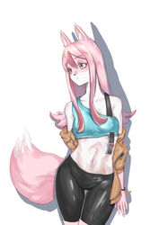  2020 5_fingers absurd_res anthro black_nose bottomwear bracelet brand_new_animal breasts canid canine clothed clothing cy9 female fingers fluffy fluffy_tail fox fur hair hi_res jewelry long_hair mammal multicolored_body multicolored_fur navel nazuna_hiwatashi oversized_clothing pink_body pink_eyes pink_fur pink_hair shadow shorts simple_background solo spandex spandex_shorts studio_trigger tail tight_bottomwear tight_clothing tight_shorts translucent translucent_hair white_background white_body white_fur 