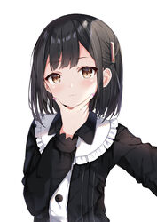  absurdres black_hair black_shirt blush brown_eyes closed_mouth collared_shirt commentary female fuyuki030 hair_ornament hand_on_own_chin hand_up highres long_sleeves looking_at_viewer nail_polish original pink_nails shirt simple_background smile solo upper_body white_background 