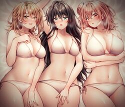  3girls :d alternate_breast_size arm_up arms_under_breasts bikini black_hair blonde_hair blue_eyes blush breasts brown_hair cleavage commentary_request hand_up highres isshiki_iroha large_breasts long_hair looking_at_viewer lying medium_breasts medium_hair multiple_girls navel on_back open_mouth parted_lips pink_hair red_eyes red_hayao short_hair sidelocks small_breasts smile swimsuit white_bikini yahari_ore_no_seishun_lovecome_wa_machigatteiru. yellow_eyes yuigahama_yui yukinoshita_yukino 