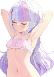  absurdres armpits arms_behind_head arms_up bare_shoulders blunt_bangs blush bra breasts closed_eyes closed_mouth collarbone commentary_request eyelashes female gradient_hair grey_hair hair_ornament highres hololive kage_(ka_9e_4su) long_hair multicolored_hair murasaki_shion murasaki_shion_(magical_girl_maid) navel pink_bra purple_hair shadow shiny_skin sidelocks simple_background small_breasts solo stomach streaked_hair underwear upper_body virtual_youtuber white_background 