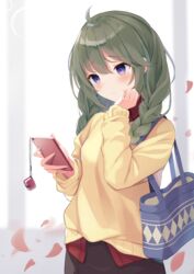  absurdres ahoge bag black_skirt blue_eyes blurry blurry_background blush braid cellphone cellphone_charm charm_(object) closed_mouth collared_shirt commentary_request depth_of_field female green_hair hair_between_eyes hair_over_shoulder hand_up highres holding holding_phone long_hair long_sleeves looking_at_phone looking_away mizu_(lzzrwi603) phone princess_connect! red_shirt shirt skirt sleeves_past_wrists solo sweater twin_braids yellow_sweater yuni_(princess_connect!) yuni_(real)_(princess_connect!) 