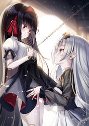  2girls black_hair black_shirt black_skirt blurry blurry_background bow breasts brown_bow brown_eyes chains commentary_request commission depth_of_field doll_joints grey_hair hairband hairbow highres joints long_hair long_sleeves multiple_girls original pixiv_commission pleated_skirt puffy_long_sleeves puffy_short_sleeves puffy_sleeves red_bow red_eyes red_hairband see-through see-through_sleeves shirt short_sleeves skirt small_breasts very_long_hair white_shirt white_skirt yan_(nicknikg) yuri 