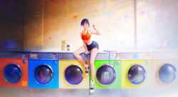  absurdres armband bike_shorts blue_hair female highres in-ear_earphones nababa original shoes short_hair shorts sitting sneakers solo sports_bra washing_machine 