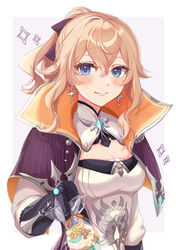  absurdres alternate_costume blonde_hair blue_eyes blush bow breasts candy capelet cleavage cross cross_earrings detached_collar earrings female food genshin_impact hair_between_eyes hairbow halloween highres jean_(genshin_impact) jewelry long_hair looking_at_viewer medium_breasts ponytail sidelocks sindo_pink solo 