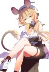  animal_ears ankle_boots arknights bare_legs bare_shoulders black_skirt blonde_hair boots breasts cleavage cleavage_cutout closed_mouth clothing_cutout commentary crossed_legs dorothy_(arknights) feet_out_of_frame female gloves hand_on_own_cheek hand_on_own_face hat high-waist_skirt highres long_hair long_sleeves looking_at_viewer medium_breasts mouse_ears simple_background sitting skirt solo suzuiro_(chocolatte) tail thigh_strap very_long_hair white_background white_footwear white_hat yellow_eyes yellow_gloves 