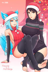  2girls barefoot christmas christmas_outfit feet feet_up female female_only holidays io_(paladins) multiple_girls myst paladins santa_hat stirrup_legwear stirrup_socks stirrup_thighhighs sweater thighhighs thighs toenail_polish toes virgin_killer_sweater yhw ying_(paladins) 