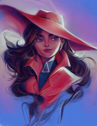  brown_hair carmen_sandiego carmen_sandiego_(series) closed_mouth commentary english_commentary eyelashes female hat jacket lips lipstick long_hair looking_away makeup mioree portrait red_hat red_jacket red_lips signature smile solo turtleneck 