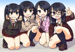  4girls :d black_eyes black_hair black_legwear blazer cardigan glasses grin group_picture highres jacket kneehighs kneeling loafers long_hair looking_at_viewer maruput medium_hair multiple_girls necktie on_one_knee one_eye_closed open_mouth original plaid plaid_skirt pleated_skirt red-framed_eyewear school_uniform shoes skirt sleeves_past_wrists smile socks twintails 