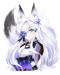  absurdres animal_ear_fluff animal_ears azur_lane blue_eyes female fox fox_ears fox_girl fox_tail hair_over_one_eye highres japanese_clothes kasumi_(azur_lane) kasumi_(retrofit)_(azur_lane) kimono kitsune long_hair rika_ryne solo tail white_hair white_kimono 